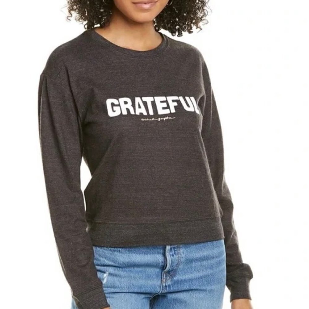 Spiritual Gangster Womens Deep Gray Long Sleeve Grateful Graphic Sweater XS